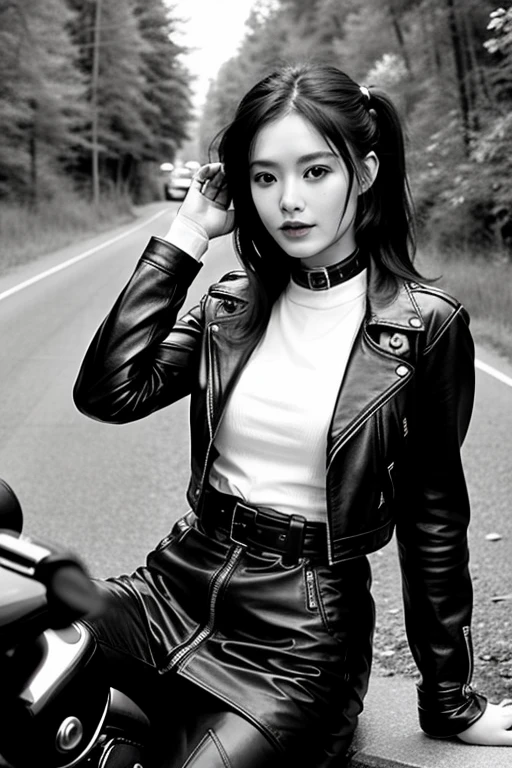 Arafe woman in leather jacket sitting on a motorcycle on a dirt road, Biker leather dress, Sitting on a motorcycle, Photo of a female biker, Harley-Davidson, Harley Quinn, Bad look, motorcycle, ❤🔥🍄🌪, Motorcycle rider, motorcycle, Leather, Bad Pose, biker, B&W Photo, Great detail, Cafe Racer,Ultra8K