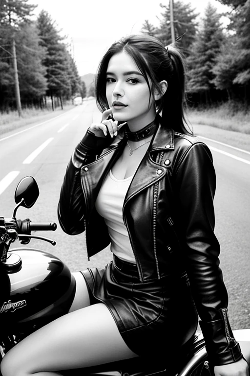 Arafe woman in leather jacket sitting on a motorcycle on a dirt road, Biker leather dress, Sitting on a motorcycle, Photo of a female biker, Harley-Davidson, Harley Quinn, Bad look, motorcycle, ❤🔥🍄🌪, Motorcycle rider, motorcycle, Leather, Bad Pose, biker, B&W Photo, Great detail, Cafe Racer,Ultra8K