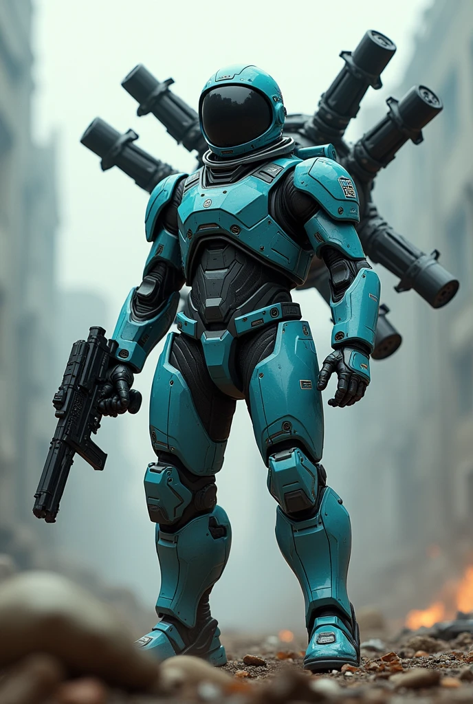 cyan colored male astronaut in a black helmet with ten Minigun and raised upwards with a war background