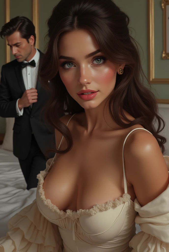 A woman with fine features, chic, long, abundant brown hair, blue eyes, and velvety clear skin, busty, bimbo, epic deep cleavage, sitting on the bed and a man of aristocratic origin, he is wearing a tuxedo, with dark and expressive eyes, straight and tidy black hair, running after her to apologize