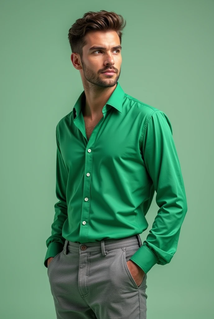 Man wearing pista colour shirt and silver grey pant