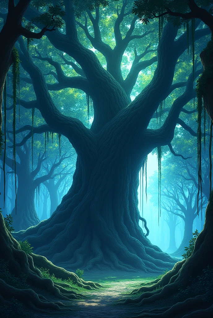 In a fearsome forest, there is a very large banyan tree. Tree is sparkling.create a anime of that