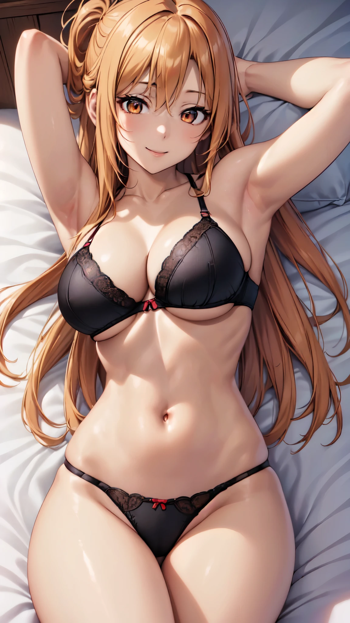 (masterpiece:1.5),(anime character:1.4),(upper body:1.4),Extremely accurate details,(Ultra-high resolution:1.4),(Highly detailed CG Unity 8K wallpapers:1.4),(Realistic,Photorealistic,超Realistic:1.4),Slender body,(Slender waist),(Slender:1.4),(orange eyes),(Perfect female body:1.4),Long Straight Hair,(curve,model,Glamour:1.5),Beautiful breasts,color_aberration,Beautiful and delicate shadows,Beautiful Eyes,Beautiful body,Beautiful Skin,Beautiful Hands,(Aesthetic anime Eyes:1.4),Bright room,Perfect lighting,(オレンジcolorの目:1.4),(オレンジcolorの髪:1.4),(Big Breasts:1.4),(smile:1.4),(Black underwear:1.4),High class clothing,(High-quality fabric:1.4),(Lying in bed:1.4),(thin:1.4),(arms behind back:1.2),(オレンジcolorの目:1.4),(upper body:1.4),(Crown Half Up:1.2),
