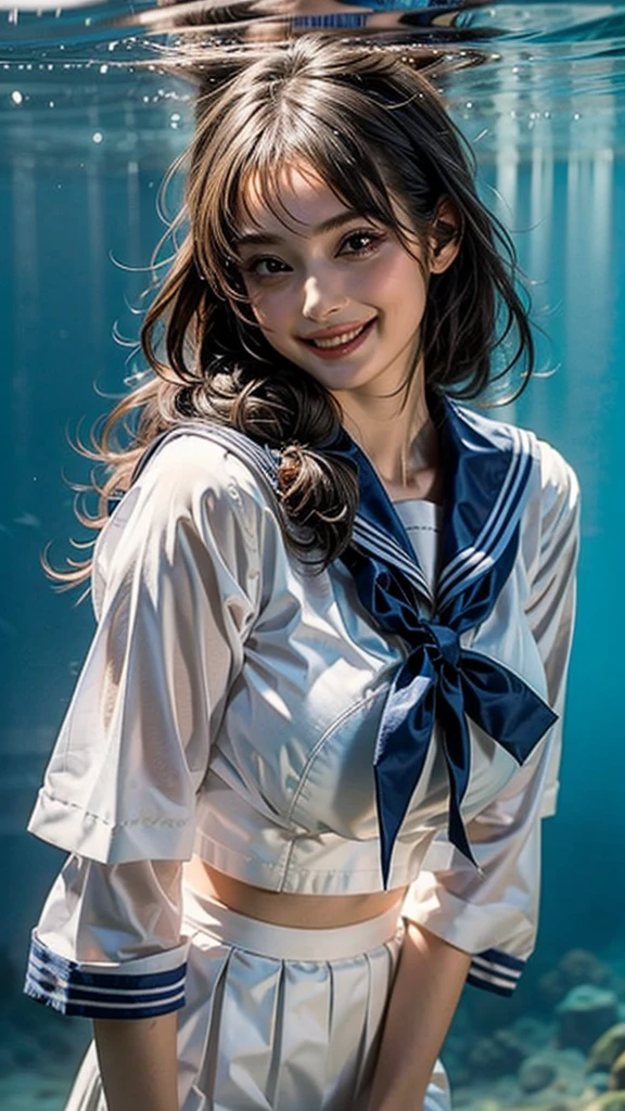 (See through:1.2),White Seraphim,Sailor suit, White Theme,school uniform, Sailor suit, View your viewers,  Insanity, Disheveled long hair, Beautiful attention to detail,Hair shines,Elevation,Blue sailor collar, Firm breasts,((Natural huge breasts:1.0)),A light smile,Partially underwater...