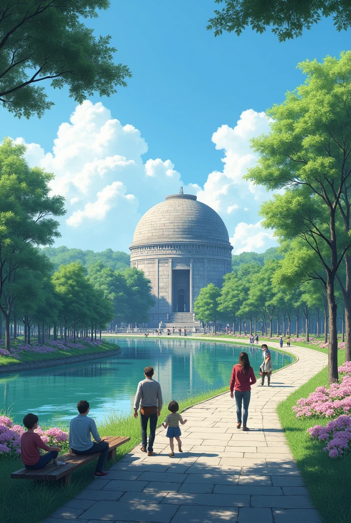 A landscape depicting Hiroshima&#39;s Peace Memorial Park and the Atomic Bomb Dome。The Atomic Bomb Dome stands beside a calm river、It stands as if quietly speaking of historical memories.。Lush trees in the park々and beautiful flowers々is in full bloom、The cranes are on display as a prayer for peace.。The bell of peace rings in the distance、Visitors々Wishing for peace、I see you walking quietly。Nearby is、The street lined with okonomiyaki restaurants, a symbol of Hiroshima, is also depicted.、The Hiroshima landscape unfolds before your eyes, where history and modern culture coexist.。