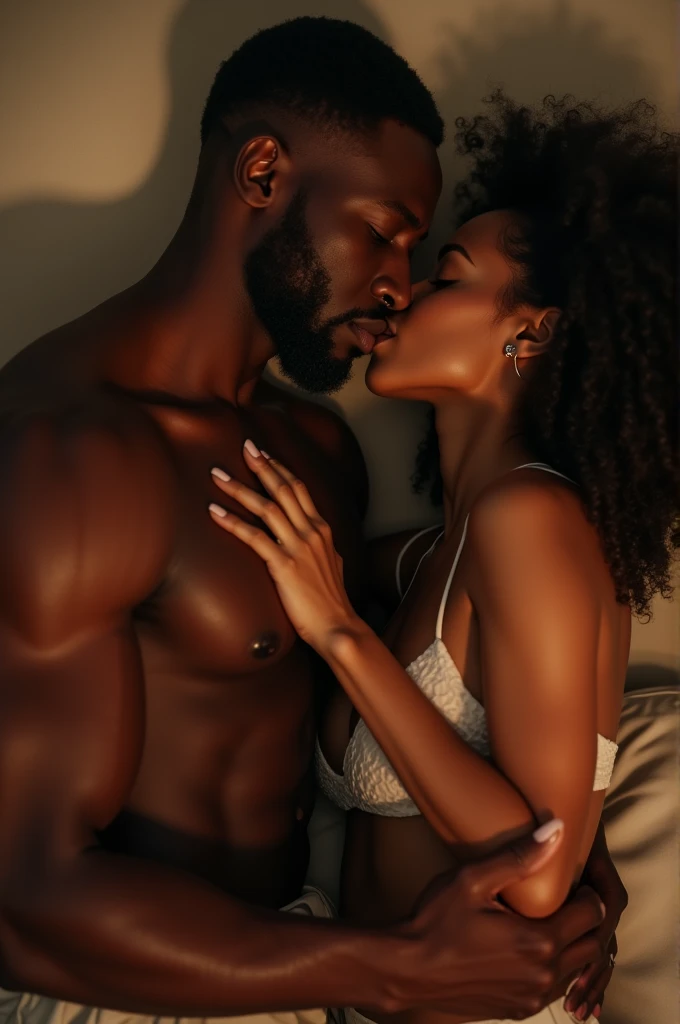 An adult african man. Smooching a beautiful girl, in the room