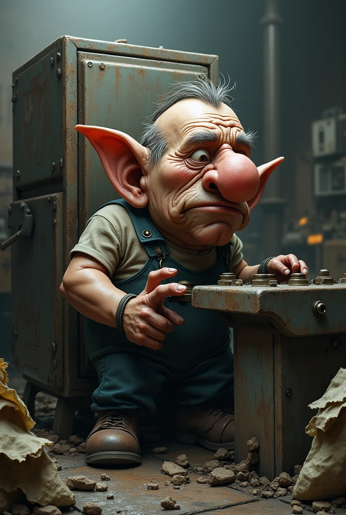 Ugly dwarf on a compactor with a big nose 