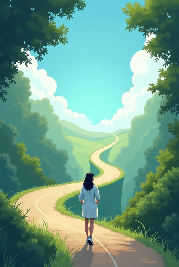 Create a serene and reflective book cover for an autobiography of a nurse. The cover features a winding road resembling the hairpin bends of Wayanad, which should subtly resemble a stethoscope. The edges of the cover are framed with greenery, leading up to a clear blue sky in the center. A 20-year-old woman, representing the nurse, stands at the end of the road, slightly turned to reveal part of her face, and gazing up at the sky. She is wearing a lab coat with her hands in the coat's pockets. The overall mood should evoke a sense of contemplation, journey, and hope.