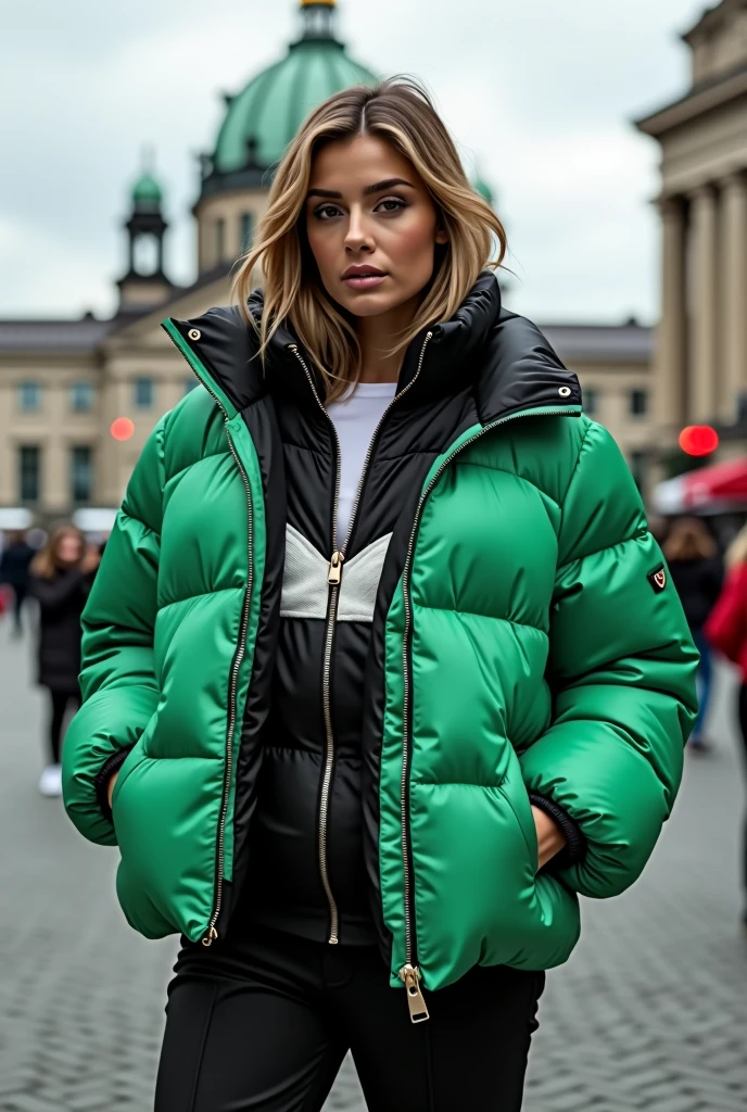 woman ,2 jackets,1 jacket black-white jacket zipper closed,2 jacket green down puffer jacket zipper open, City of Berlin in the background