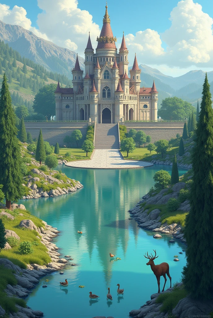 Wall around, palace in the middle, two ponds in front of the palace, ducks playing, deer running.