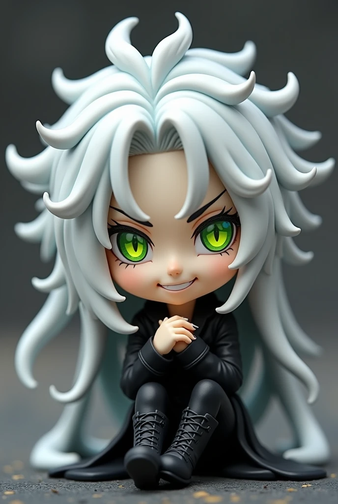 A chibi figure of the character Undertaker from Black Butler. He has long, messy white hair cascading around him. His eyes are green with a yellow halo in them. He is wearing an all-black outfit and long black boots. There is a stitch-like scar on his face that runs over one eye and across the other side of his face. I want his eyes to be clearly visible.
He is sitting down, looking up and directly at the viewer, as if he's making eye contact. I want him to be smirking with a playful vibe. He is a man, sitting with his knees pulled into his chest, hugging them, with his hands resting on his knees.
I want the chibi figure to resemble the popular figures from the anime Jujutsu Kaisen, and he should have long black nails.
I want him to smile playfully like he is smirking and his eyes look up