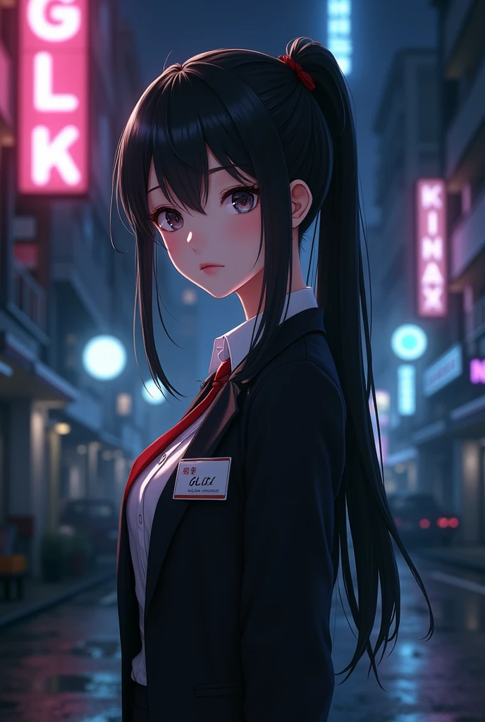 Create anime character;
{background: capital HD text: “GLBK” in center-top, night}, white skin,
realistic, HDR, beautiful, donghua style, full body, age 20, office clothes, name card: “CICI”, female, black hair, long hair, pony hair, like mafia