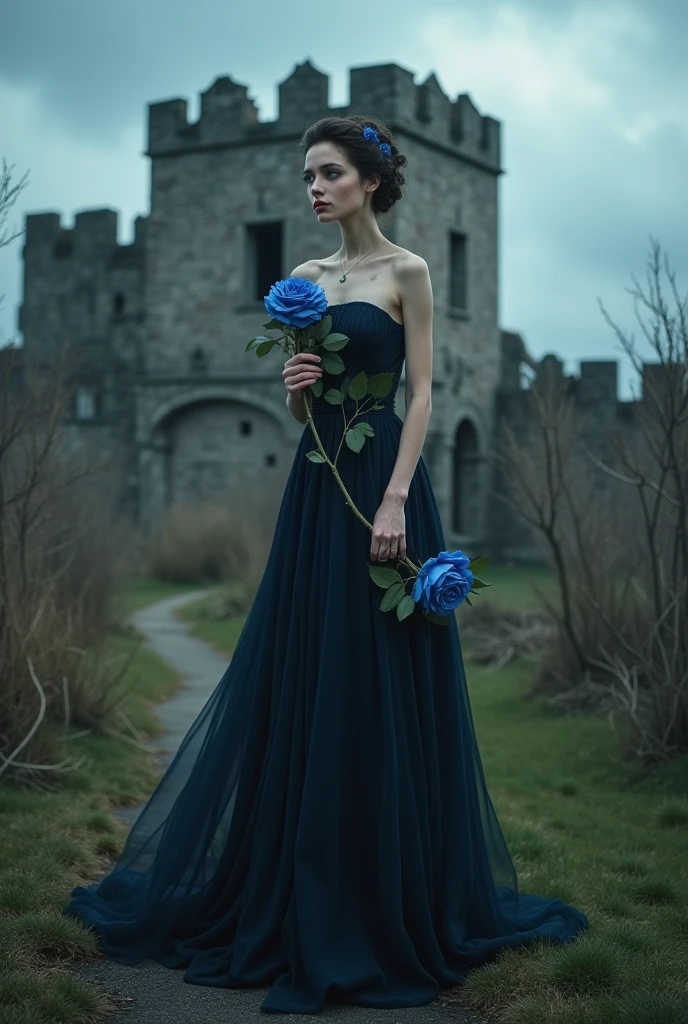 A slim medieval woman in a long, dark strapless dress, holding a blue rose, in front of a ruined medieval castle, under a cloudy sky.Awarded several times, anatomically correcte, hypdertailed, Surrealism, cinematic lighting,