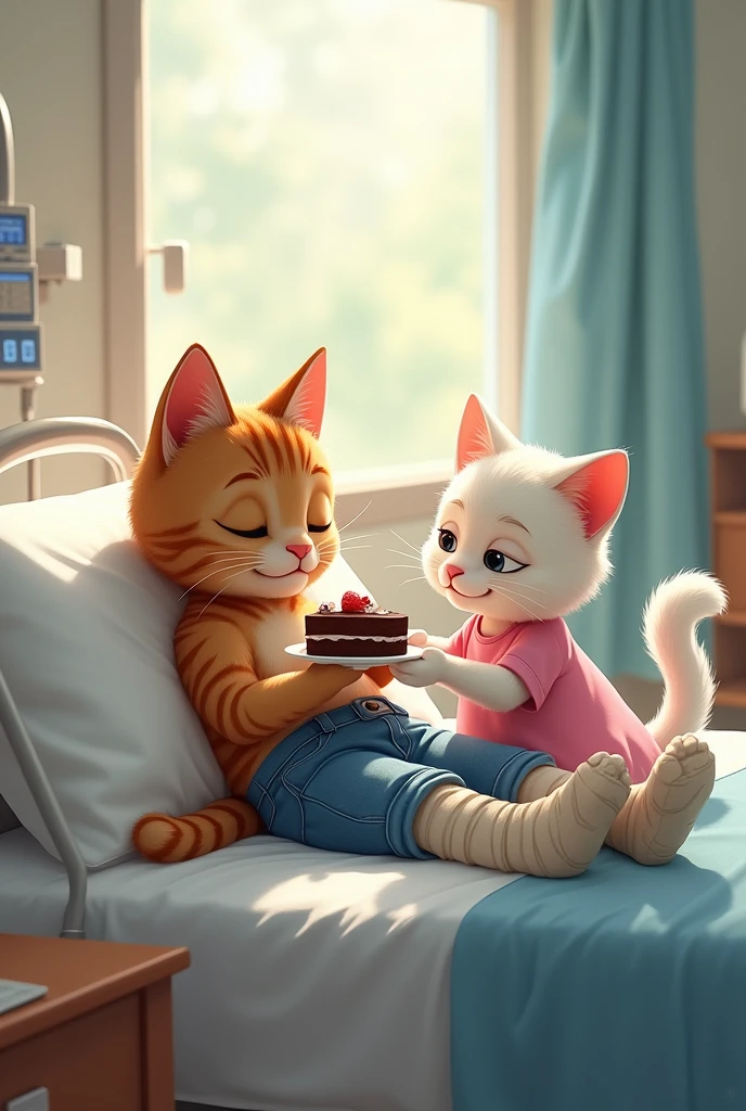 A boy cat with brown color in blue jeans lies in a hospital bed with a broken leg and a girl white cat in pink frock comes to visit him in the hospital with chocolate cake ai image