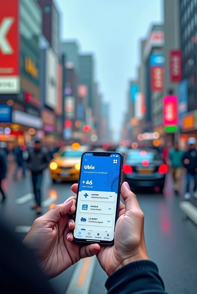 Create an advertisement for a taxi company, by application called UBIX. Showing the UBIX application on his cell phone, which is blue and white