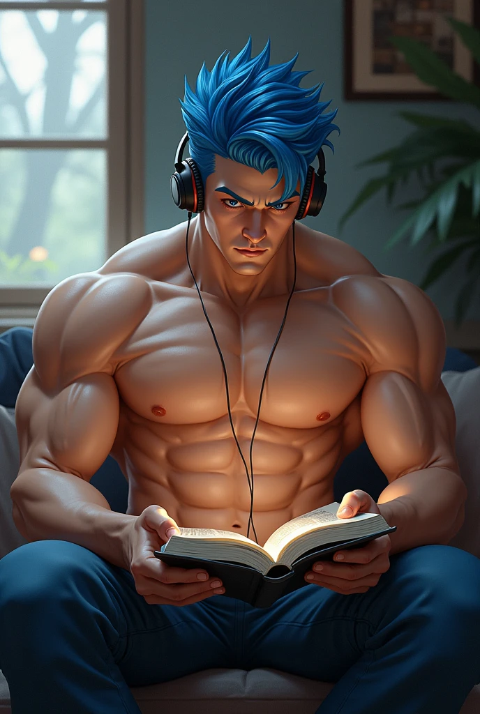 man,For the blue,hairstyle book,with muscles,listening to music 
