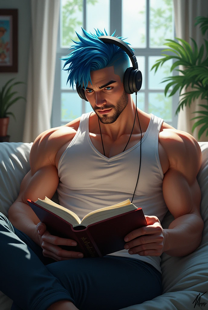 man,For the blue,hairstyle book,with muscles,listening to music