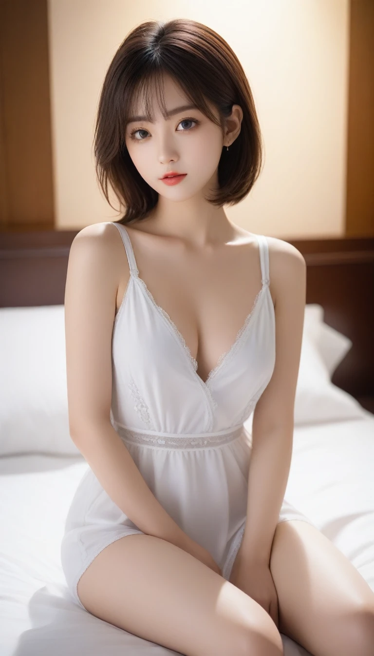 8K, Ultra-high resolution, best quality, masterpiece, Surrealism, photo, 1 girl,LD:1.3), pretty girl, Cute face, Beautiful eyes in every detail, 細かくdetailedに,masterpiece,, A girl:1.2, Japanese female announcer,Bob Hairstyle,Beautiful leg line beauty,Attractive thighs, ,BoLD Pose,Looking at the audience、beauty,Long Neck、(((Ideal body shape))),A cup small breasts :2,Perfect anatomical structure、鮮明なdetailed、detailed、Surrealism、Light and Shadow,bedroom,On the bed,Soft Light,Chinese Beauty,Suspender dress,whole body