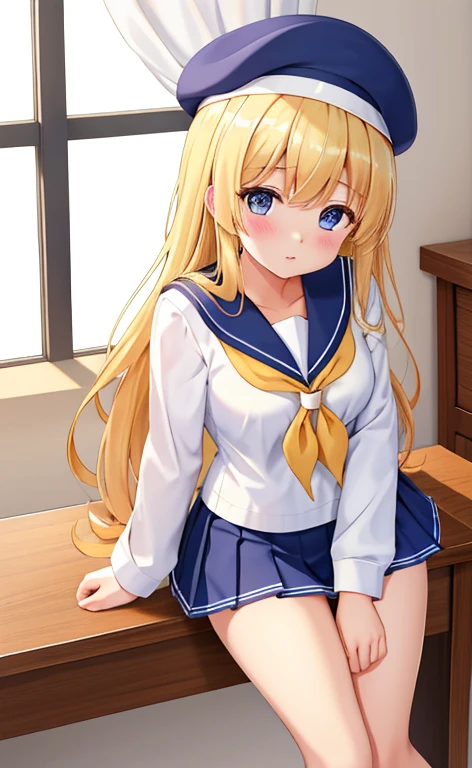 Beautiful long blonde Girl in a sailor suit Pleated skirt mini skirt Long sleeve whole body Shyness Leaning forward Place your crotch on the corner of the table Rubbing the crotch Watery eye White panties