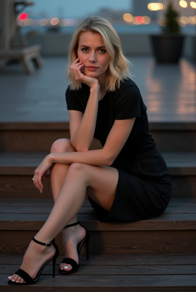 An image of a  blonde woman sitting on wooden steps leading up to the viewer. Her pose is elegant and contemplative, with her body slightly turned to her left. Her right leg is crossed over her left, and her right hand rests on her knee, while her left hand touches her chin. She wears a chic short-sleeved black dress and stylish black high heels with ankle straps. blonde hait. She looks directly at the viewer with a calm and introspective expression. In the background, a soft-focus cityscape is visible, illuminated by the lights of early evening