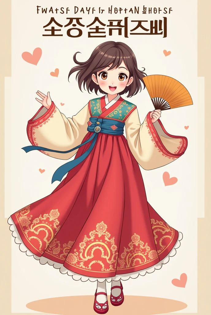 - **Title:** "Let's Talk About the Essence of Korea" in a playful, bold font at the top of the panel.
- **Character Description:** A cute female character with medium-length brown hair styled in gentle waves. She is smiling warmly and holding a traditional Korean fan. She is dressed in a colorful hanbok, featuring vibrant patterns and intricate designs.
- **Subtitle:** Positioned beneath the character, the text reads, "Discover the timeless charm and cultural heritage of Korea."