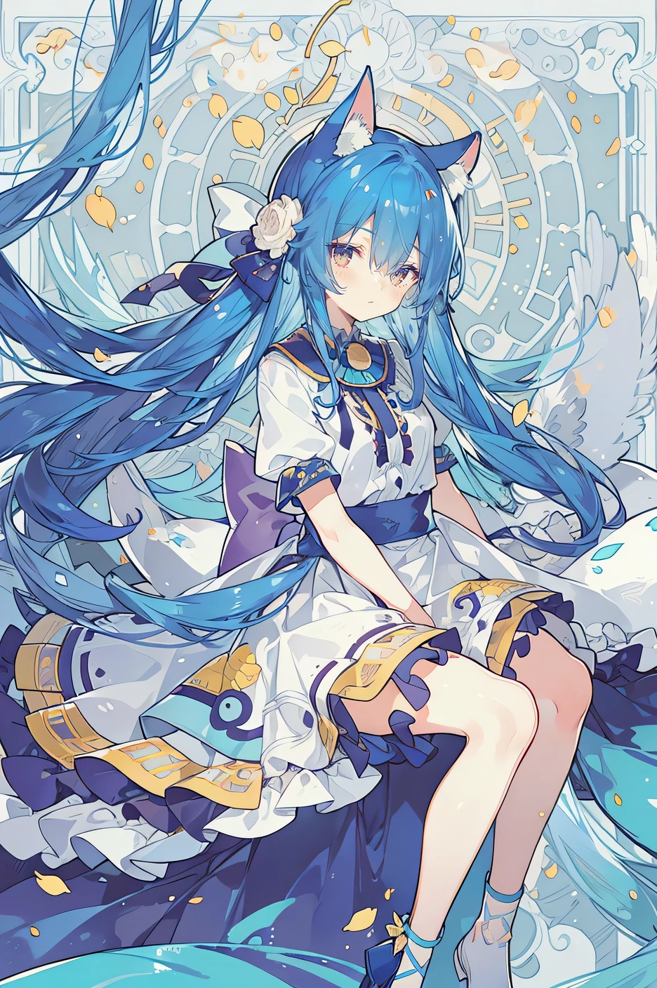 (masterpiece:1.2),Super detailed,lifelike,Expressive eyes,fair skin,perfect face shape,1 girl,
Japanese comics,Gorgeous blue hair,flowing blue hair,flowing clothes,Cat ears,Petals fall,beautiful lola,Baby Angel,
Shaking head with one hand,Cross your legs,,The pavilion is cool and comfortable,smile,back views,sunrise,Petals fall,sunrise,sitting on window sill drinking coffee and looking out the window。