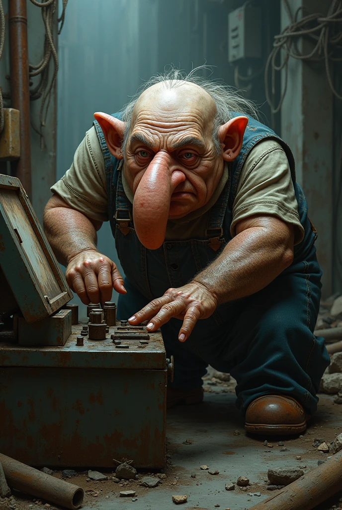 Ugly dwarf on a compactor with a big nose 