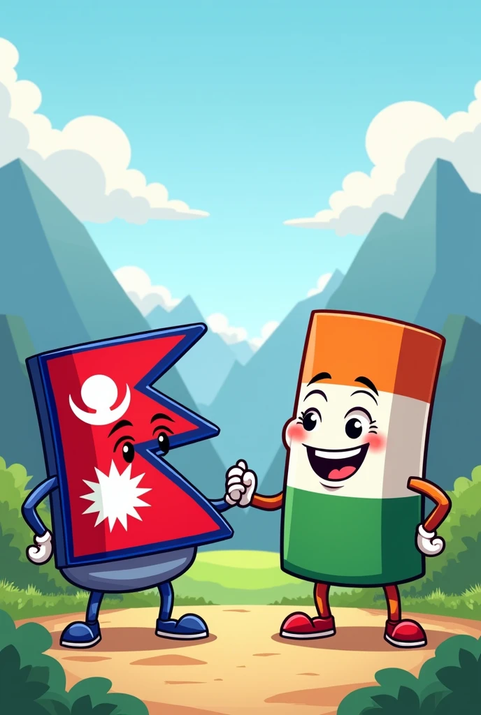Make image India and nepal flags friends in cartoon
