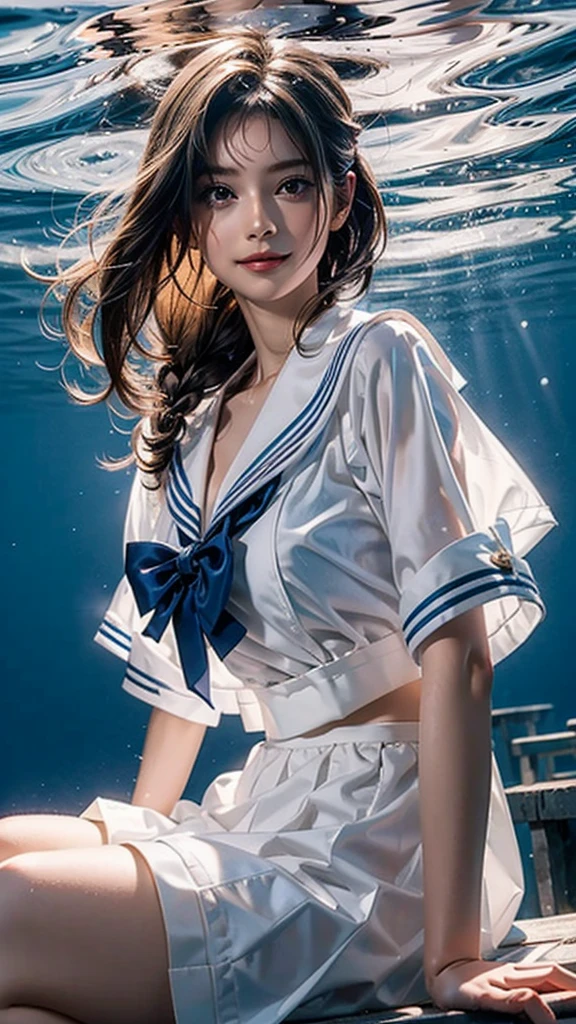 (See through:1.2),White Seraphim,Sailor suit, White Theme,school uniform, Sailor suit, View your viewers,  Insanity, Disheveled long hair, Beautiful attention to detail,Hair shines,Elevation,Blue sailor collar, Firm breasts,((Natural huge breasts:1.0)),A light smile,Partially underwater...