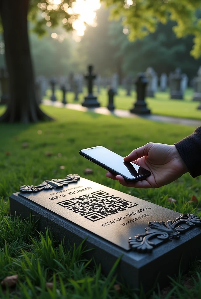 Amazing qr headstone by memconnect show this somewhere under qr code being scanned by someone at a beutiful graveyard the qr heads
