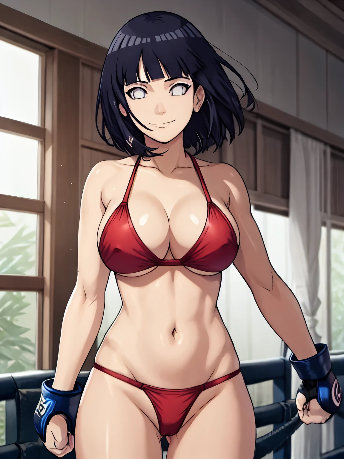 (hinata\(boruto\), (high quality:1.8), upper body:1.5, (curvy figure:1.5), (detailed sweat:1.4), (hand details:1.4), (shiny skin:1.4), (face details:1.3), (elbow:1.8), (ultra detailed body:1.4), (one ARM UP:1.4), (MMA:1.5), (anime, tall woman, cowboy shot, (defined biceps arms:1.2), ((red thong, bare arms, bare arms, bare shoulders)), (long belly:1.5), (bikini:1.1), (wide shoulders, off-shoulders), smile), ((:1.0)), closed mouth), ((pale skin)). ((dark blue:1.3, short hair, hime cut، loose hair, floating hair, floating hair:1.0), (closed fists), (pussy:1.3)