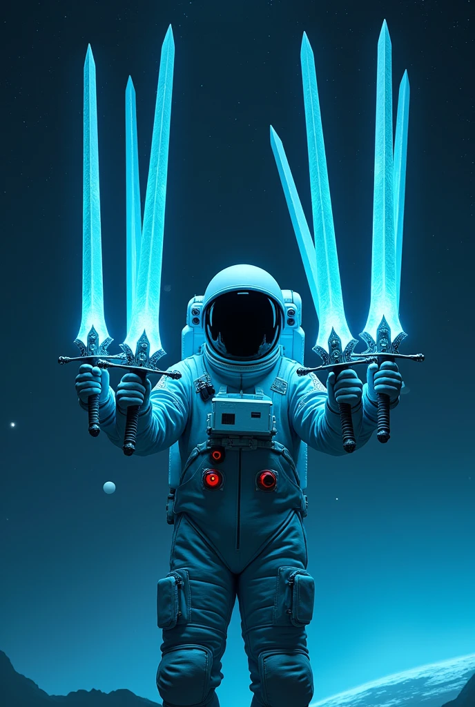 cyan colored male astronaut in a black helmet with ten sword and raised with a space background