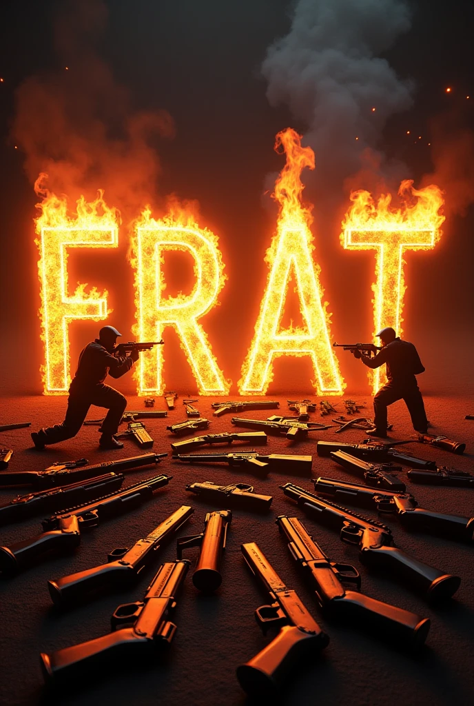 Written FRAT in capital letters on fire with guns next to it