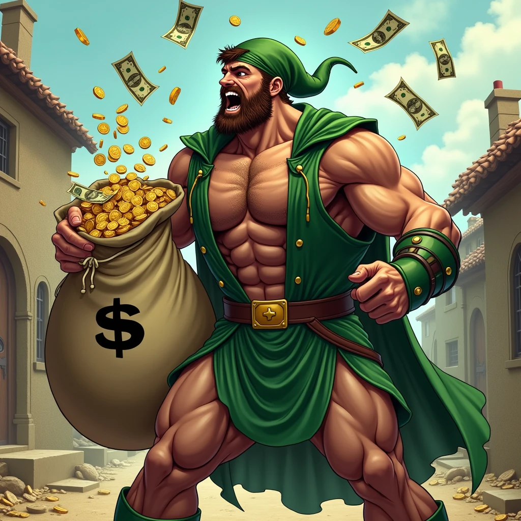 a very strong bodybuilder man, robin hood dress, with the green clothes and green hat characteristic of Robin Hood, muscular, tan muscular que se ven las venas de su cuello, In his hand he holds a huge bag of money, of bag screen, over his shoulder laughing, The bag has the money sign on the outside.from which some dollars fly away, in the background a village with poor medieval houses. The pose is an exaggerated comic or superhero type pose.. He has his other hand extended forward throwing gold coins forward