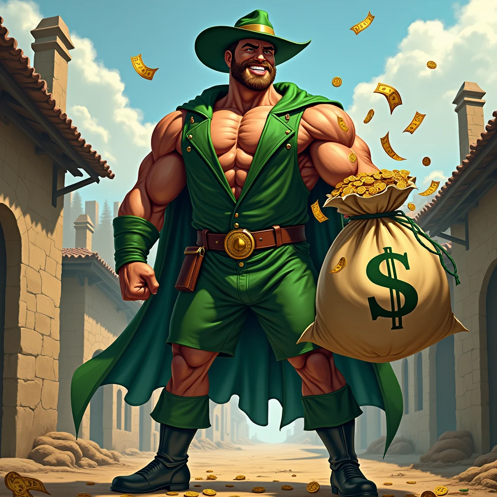 a very strong bodybuilder man, robin hood dress, with the green clothes and green hat characteristic of Robin Hood, muscular, tan muscular que se ven las venas de su cuello, In his hand he holds a huge bag of money, of bag screen, over his shoulder laughing, The bag has the money sign on the outside.from which some dollars fly away, in the background a village with poor medieval houses. The pose is an exaggerated comic or superhero type pose.. He has his other hand extended forward throwing gold coins forward