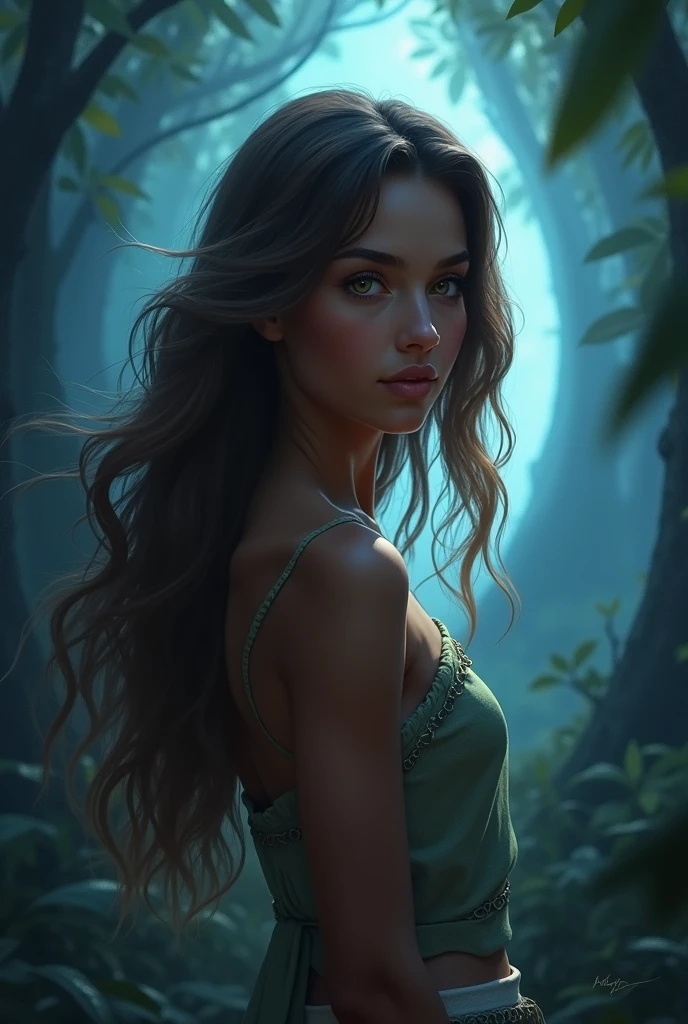 Create an image of a  girl standing in a dark black forest. Her brown skin shines subtly under the soft blue light that filters through the leaves.. Her brown hair, long and wavy, cascades over her shoulders to her waist, gently moving in the breeze. Her brown eyes reflect a sparkle of curiosity and courage.. In the background a portal is created that seems mystical with the trees 