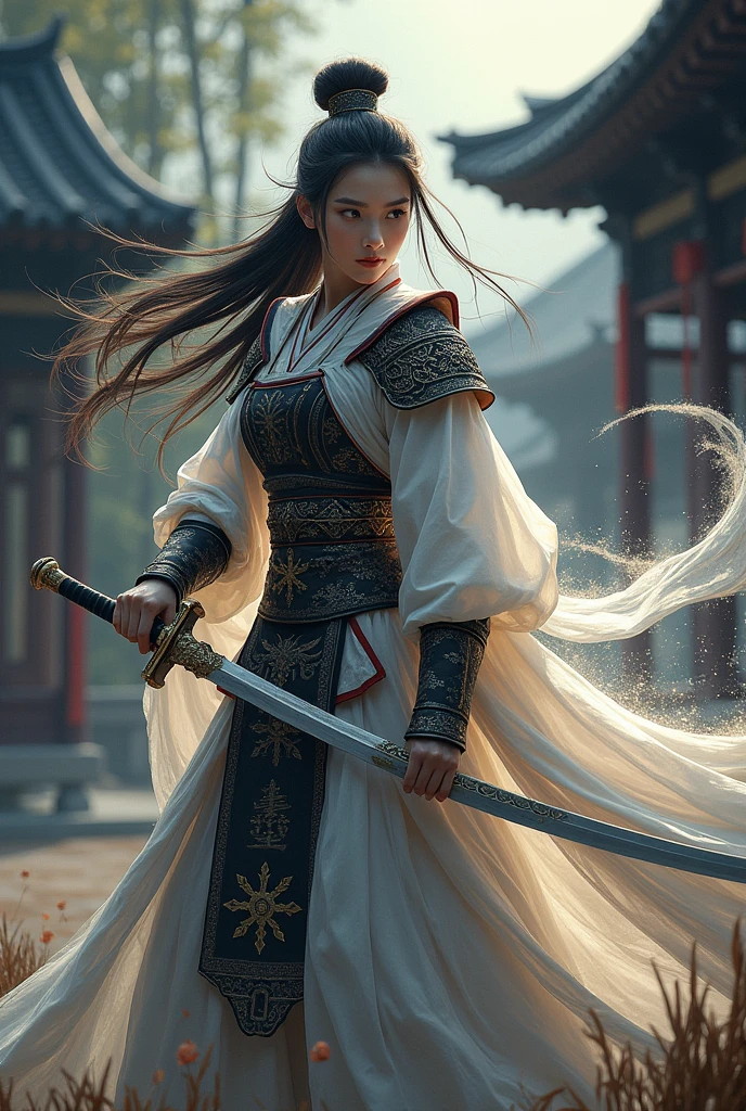 ,A young Chinese woman with long hair is depicted wearing traditional East Asian warrior armor in black, white, and gold. She is engaged in combat, wielding an ancient Chinese broadsword. Her body is surrounded by a shimmering silver aura that radiates outward.
The dark background features elements of ancient East Asian architecture, such as tiled roofs and wooden columns. The outdoor scene includes natural elements like bamboo trees or shrubs. The lighting suggests an early morning or late afte