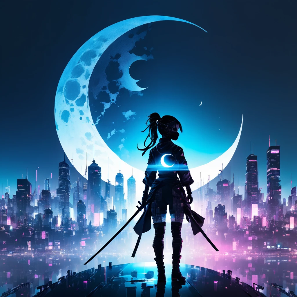  Mate Piece, silhouette, kunoichi, logo, Monotony, moon, Double exposure, Cyberpunk City, Depth of written boundary, (Holographic Glow Effect), masterpiece,
