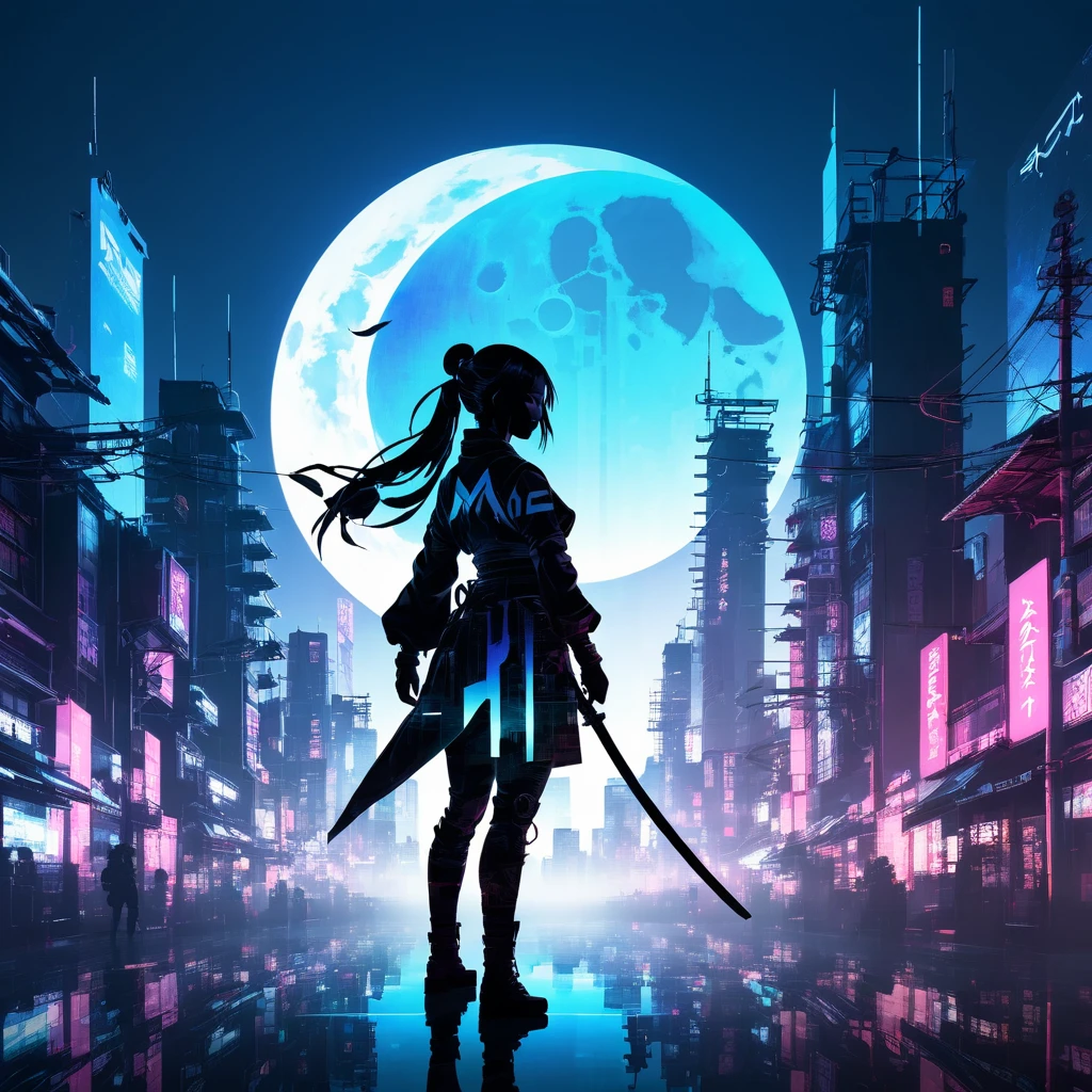  Mate Piece, silhouette, kunoichi, logo, Monotony, moon, Double exposure, Cyberpunk City, Depth of written boundary, (Holographic Glow Effect), masterpiece,