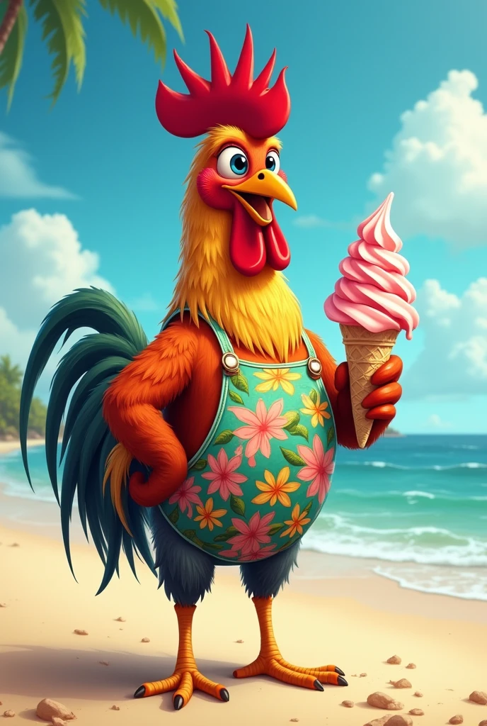 A rooster in a bathing suit on the beach , eating ice cream