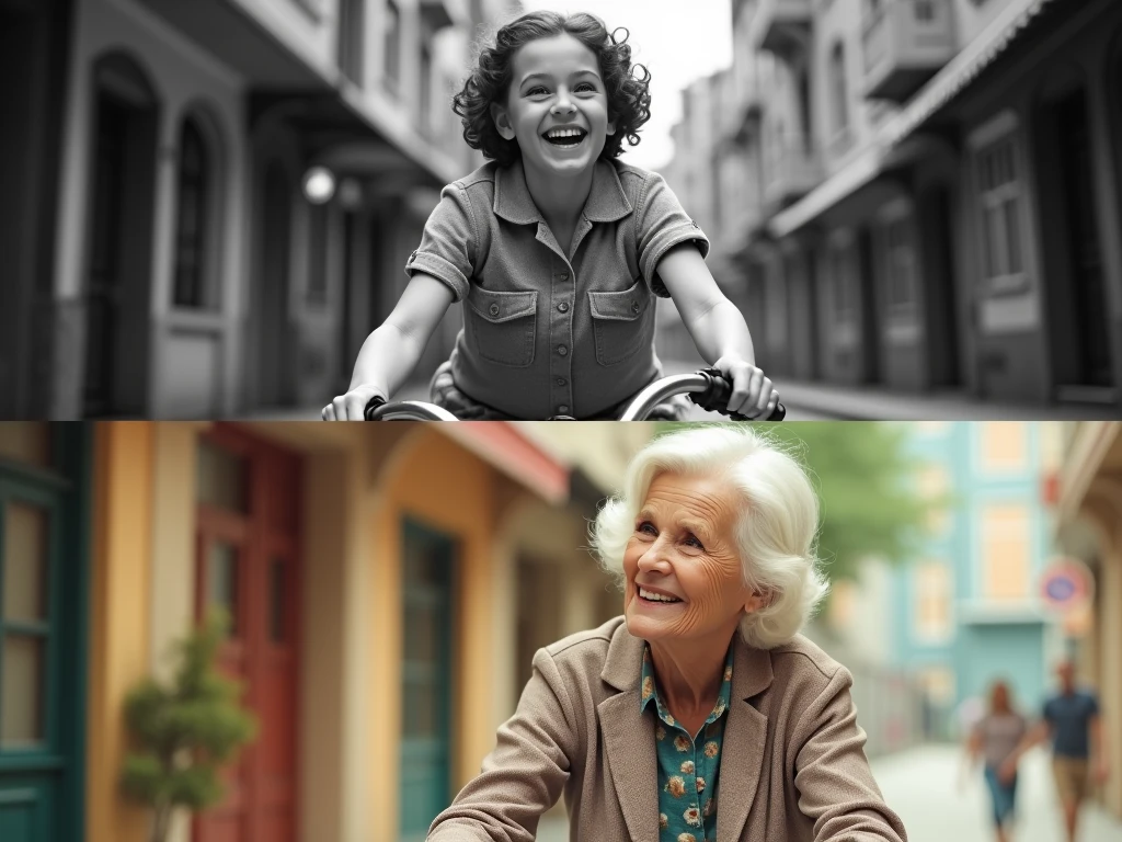 Create a split image with two sections:

Upper Section (Black and White): A black and white photograph of a young girl joyfully riding a vintage bicycle. She has a playful expression and is dressed in classic 1950s attire. The setting is a nostalgic, urban street with a hint of mid-20th-century charm.

Lower Section (Color): A vibrant, colorful photograph of an elderly woman, now 7er, riding the same vintage bicycle. She should have a warm, reflective expression, showcasing the passage of time. The scene is set in a modern, yet still nostalgic setting, perhaps with contemporary touches. The elderly woman is dressed in stylish, comfortable clothing that reflects her age but still holds a sense of grace and elegance.

Keywords for Realism and Eye-Catching Appeal:

Black and White Section: Vintage, nostalgic, classic attire, mid-century street, joyful expression, detailed texture, historical charm.
Color Section: Vibrant colors, elderly woman, vintage bicycle, reflective expression, stylish clothing, modern yet nostalgic setting, detailed texture, warm ambiance.