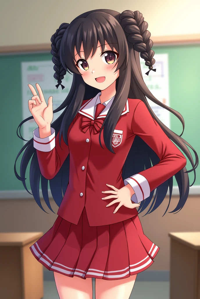 School,classroom,A Japanese girl,Mid-chest,Double drill curls for long hair, Red student uniform,Short skirt,Bright Eyes,Lively expression,One finger is worth you,One hand on waist