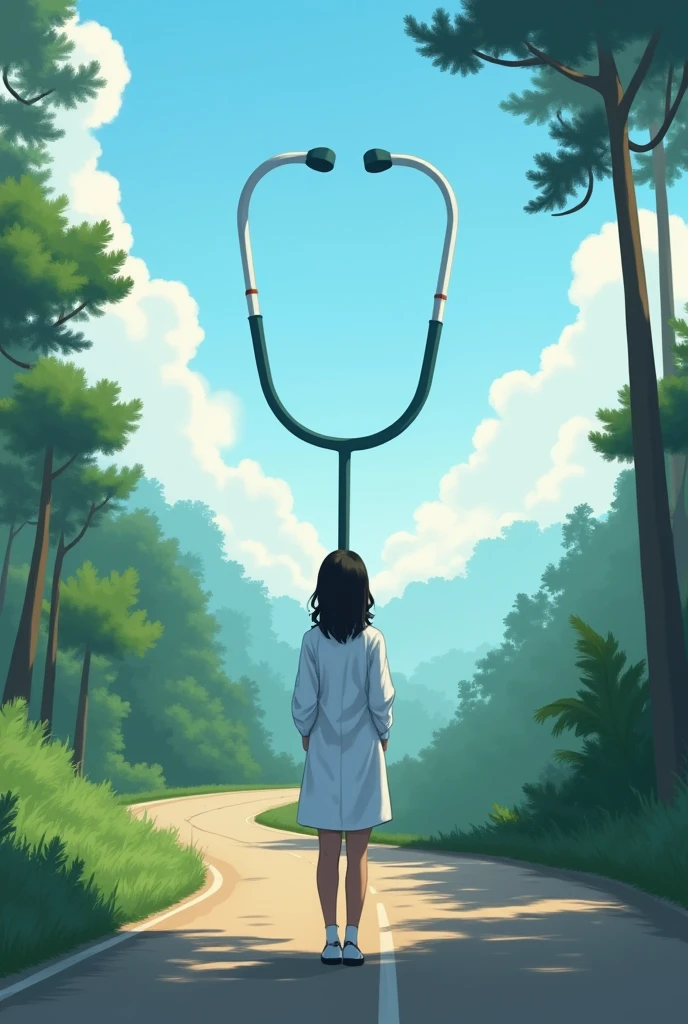 Create a serene and reflective book cover for an autobiography of a nurse. The cover features a winding road resembling the hairpin bends of Wayanad, which should subtly resemble a stethoscope. The edges of the cover are framed with greenery, leading up to a clear blue sky in the center. A 20-year-old woman, representing the nurse, stands at the end of the road, slightly turned to reveal part of her face, and gazing up at the sky. She is wearing a lab coat with her hands in the coat's pockets. The overall mood should evoke a sense of contemplation, journey, and hope.