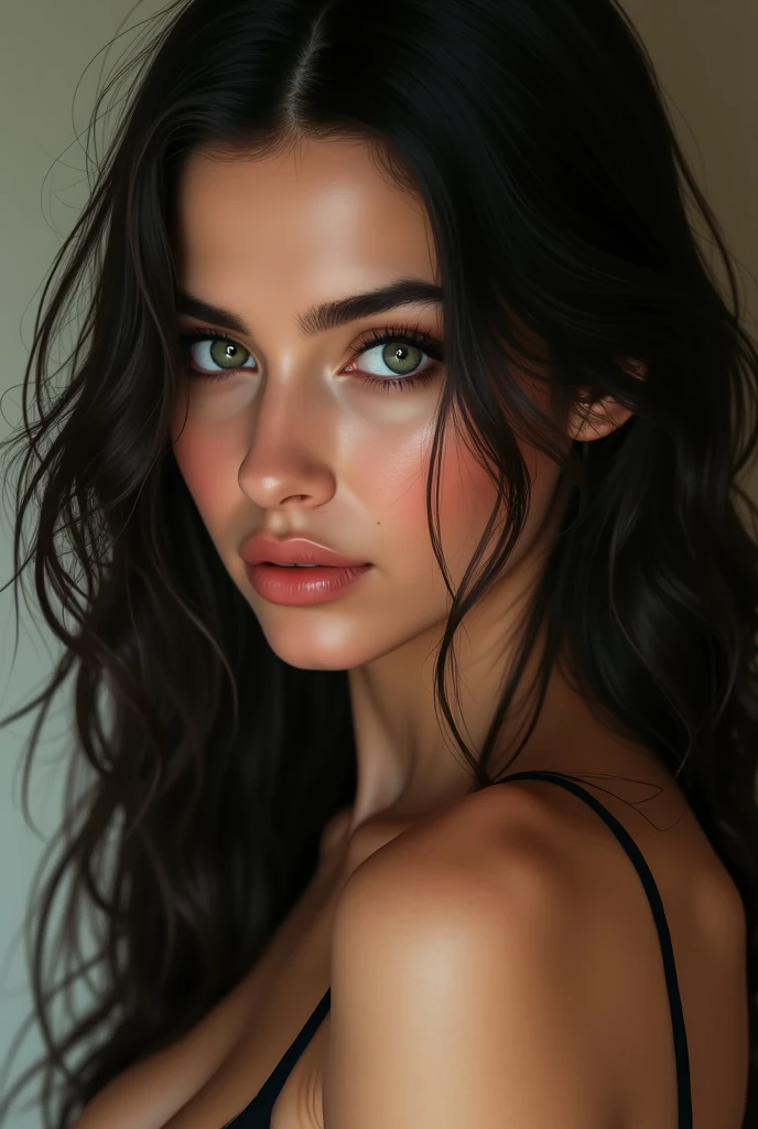 Portrait of a young girl with straight hair of 2 very realistic with an Arab or Turkish look with a sexually desirous look and the whole body visible and a resemblance to 50% with abella danger with very realistic green eyes and with the face clearly visible
