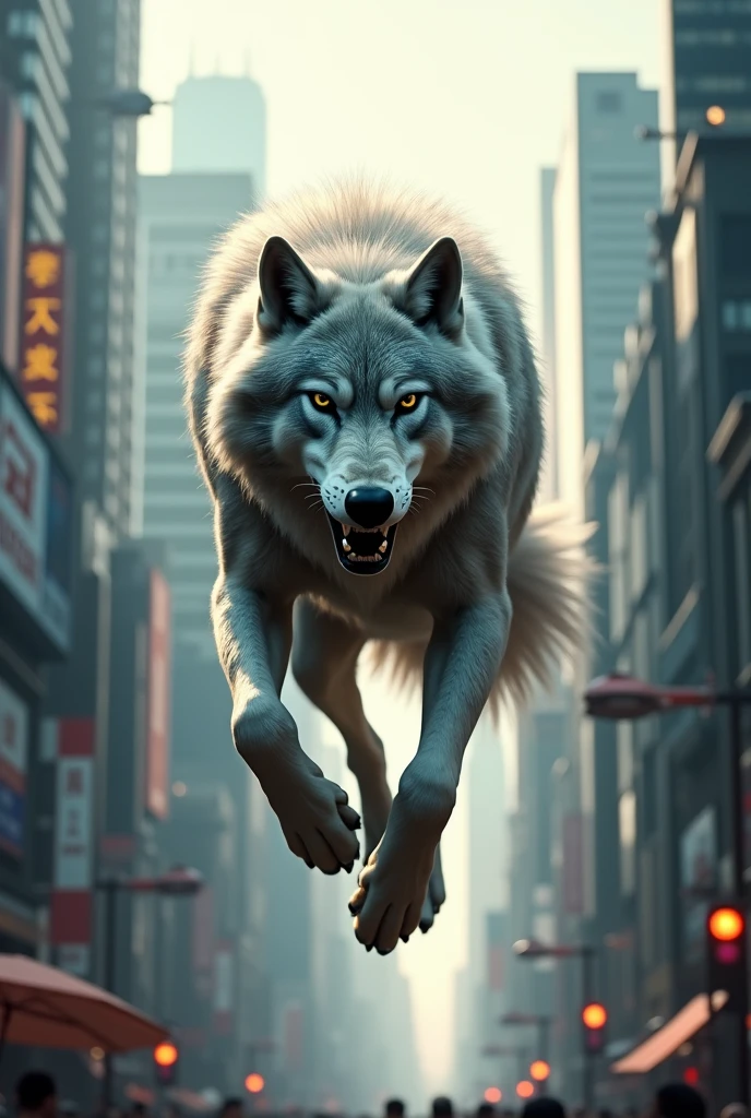 Wolf jumping through the city jungles