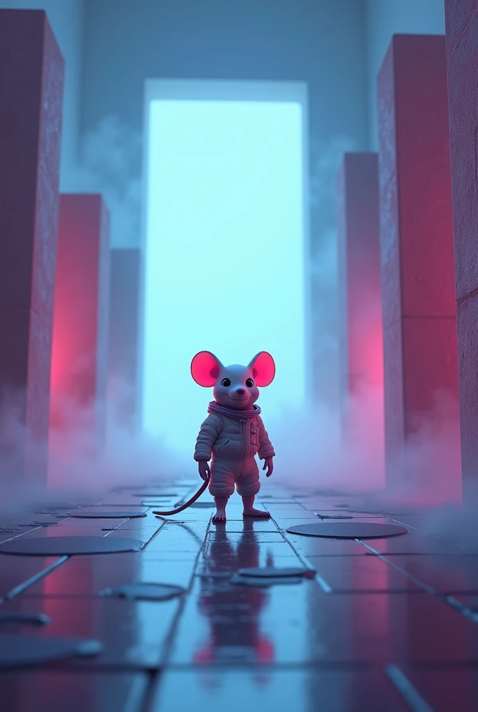 Surreal,The square continues to the back,Gradually getting smaller,Uneven tilt,Mysterious Neon,Spot Flash、Wrapped in a beautiful mist,Unique Pixar-style animated mouse,Spacesuit,Backlight,White wall,Cool glow