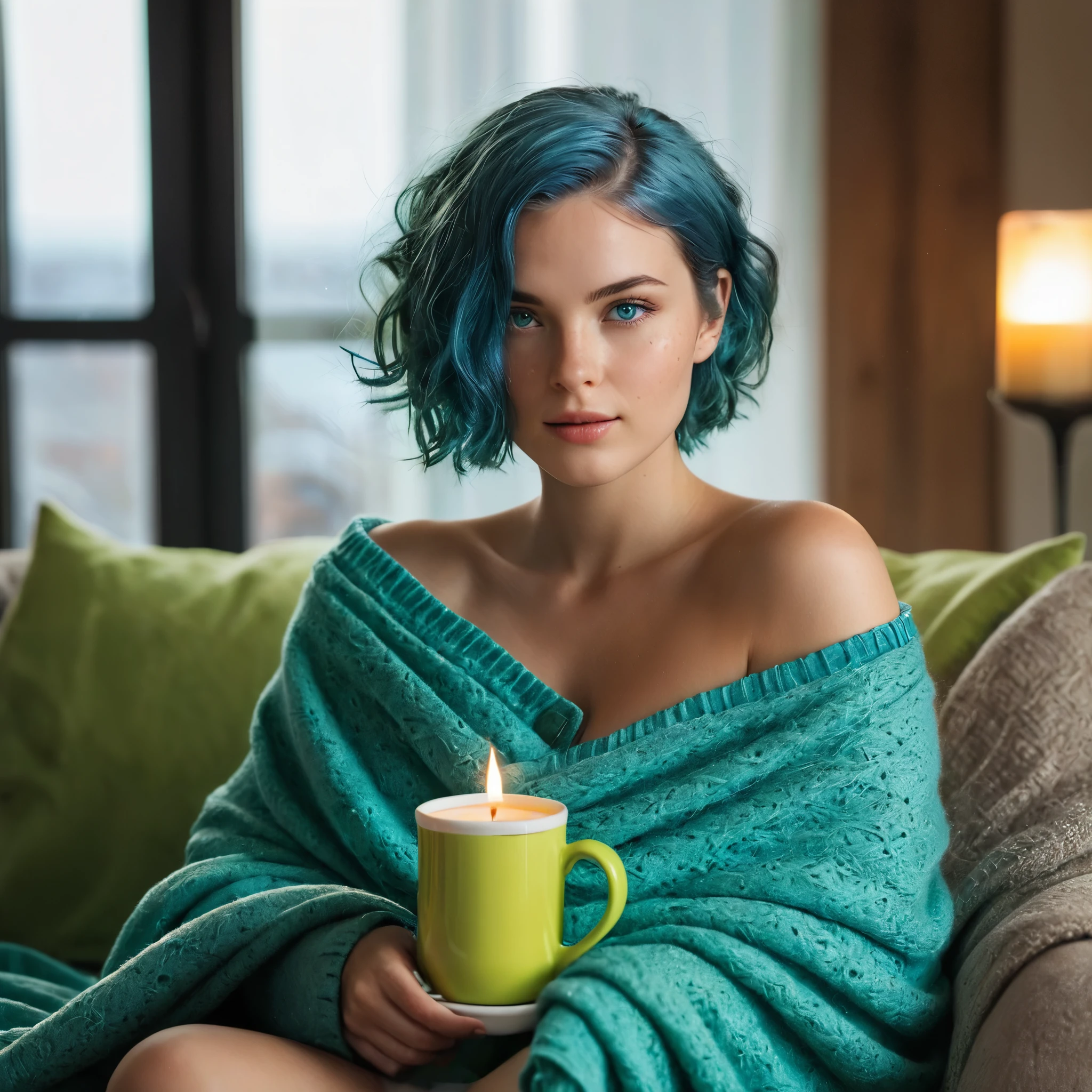 (((Woman, 20 Years Old, Nordic Ethnicity, short blue hair, perfect face, light freckles, Blue-Green Eyes))), ((curled up on a large armchair, legs tucked under her, with a cozy blanket draped over her lap)), (wearing a loose, off-the-shoulder sweater). ((Holding a steaming cup of coffee with both hands, looking directly at the camera with a sultry gaze)), (((soft, dim lighting creating a warm and intimate ambiance))), (cozy living room setting with candles and soft textures). (((Color palette - turquoise, neon green, yellow shades))), (best quality, 8k, masterpiece, ultra-detailed, photorealistic, soft lighting, sharp focus).