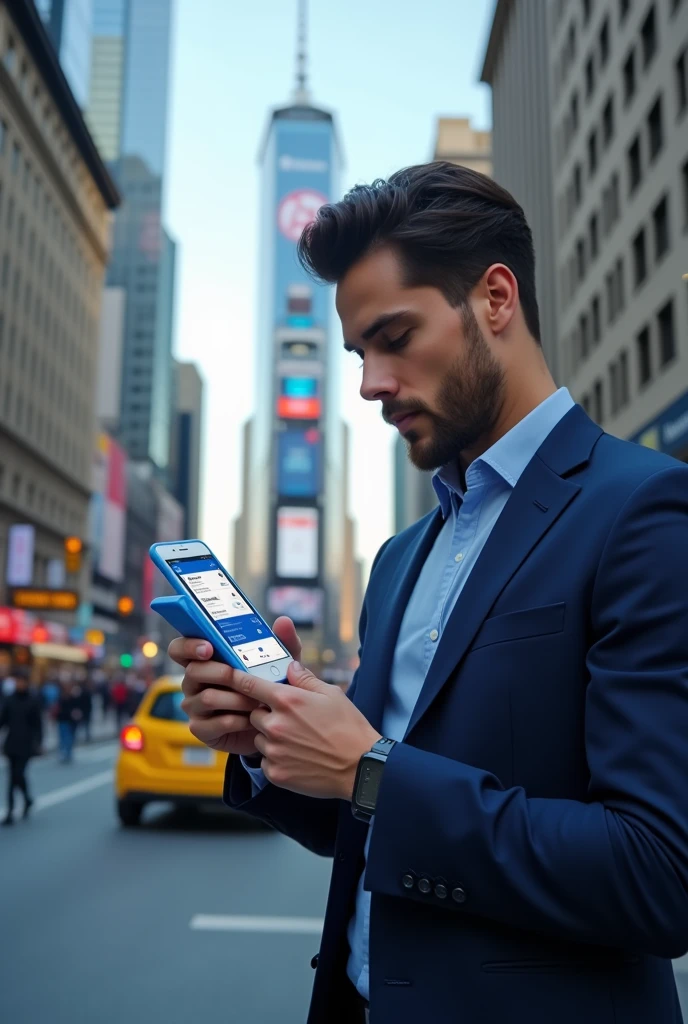 Create an advertisement for a taxi company, by application called UBIX. Showing the UBIX application on his cell phone, which is blue and white Improve it
