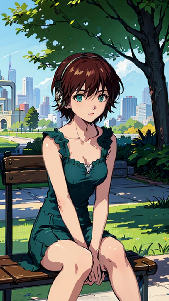 A beautiful girl with short hair, green eyes, and headphones, sitting on a bench in a sunny park