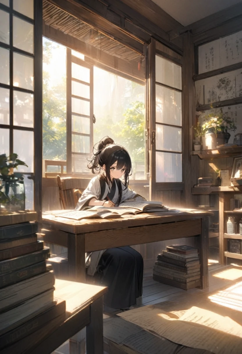 In the quiet study、The swordsman『Book of Five Rings』is writing。In the background, soft light shines through the window.